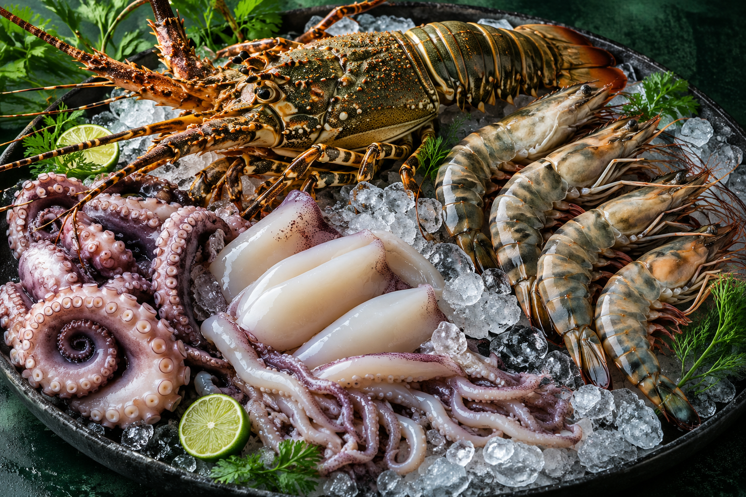A selection of lobster, prawns, squid and octopus on crushed ice